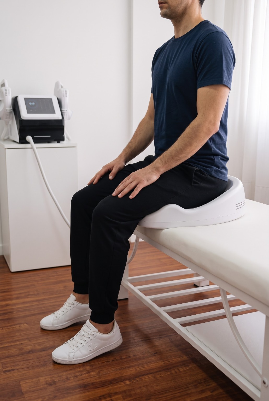 Hombre sentado en la silla Sculpt para entrenar el suelo pélvico